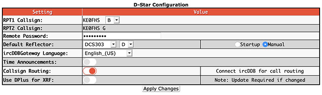 Digital mode configuration settings - D-STAR